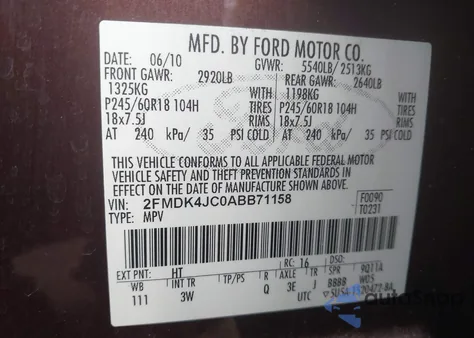 2010 Ford Edge Sel from USA, damaged, VIN 2FMDK4JC0ABB71158
